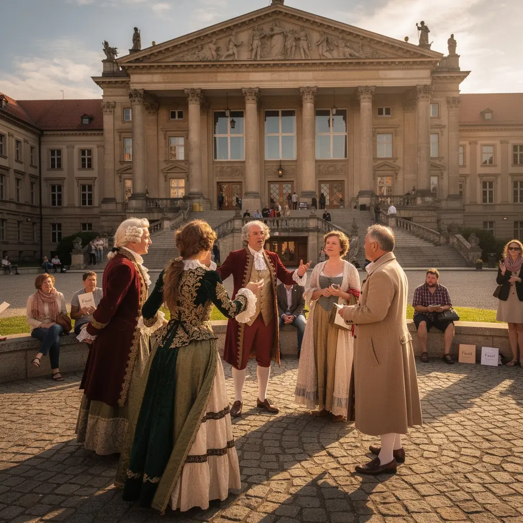 Eine Ansicht des Goethemuseums mit blühenden Gärten im Vordergrund.